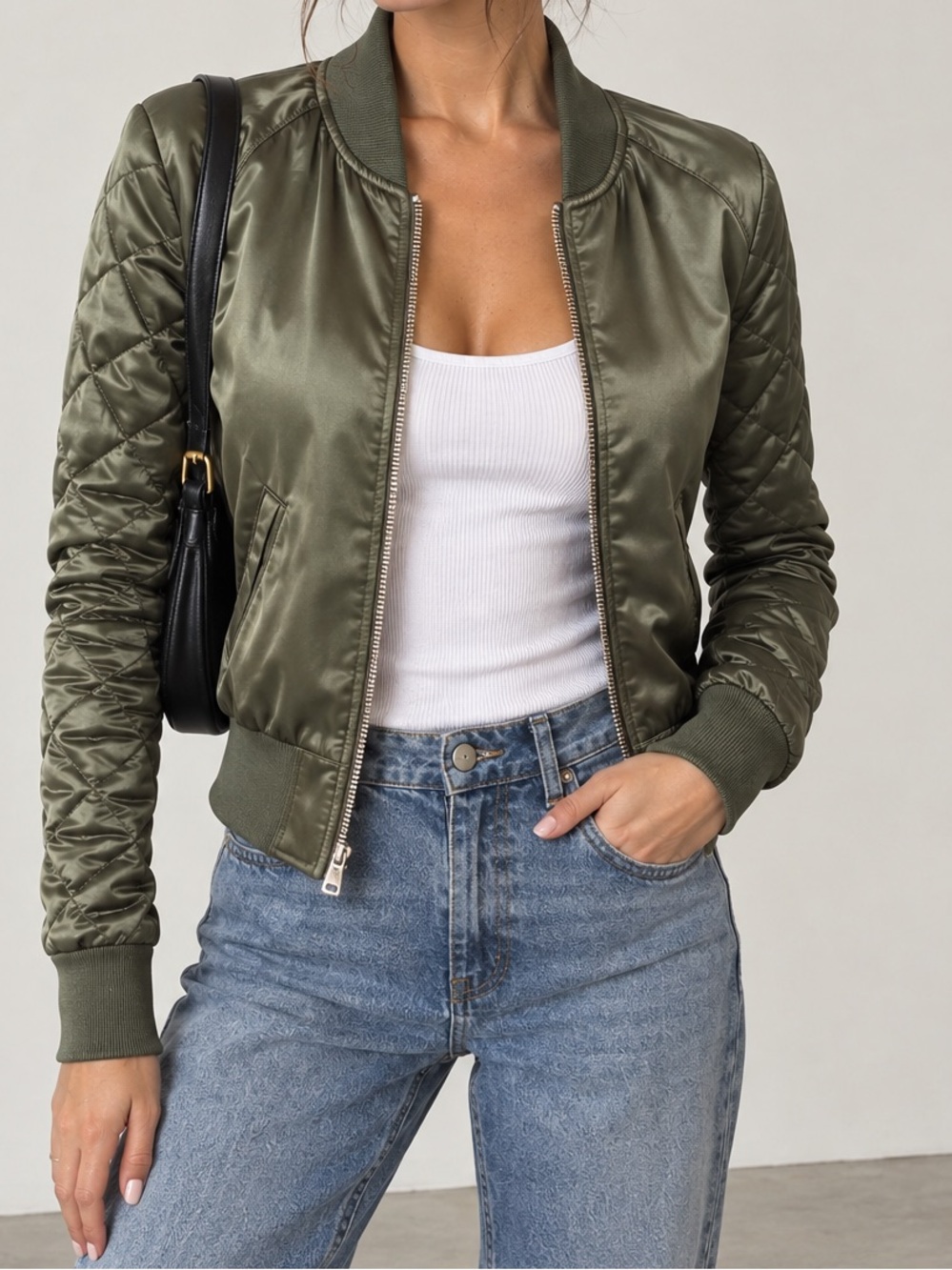 H&M Olive Green Satin Bomber Jacket - Women